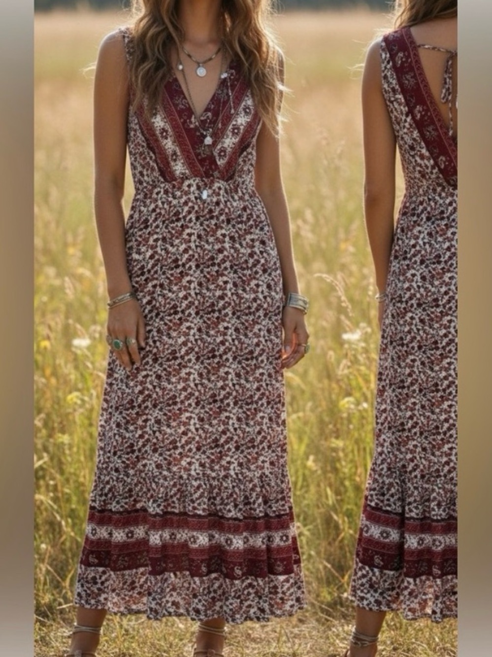 Knox Rose Sleeveless Crossover V-Neck Boho Floral Maxi Dress Sz L Festival